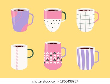 Collection colorful ceramic cups. Set icons of mugs with various ornaments filled with drink, hot tea or coffee. Doodle abstract, linear pattern on cup. Flat cartoon style design. Vector illustration