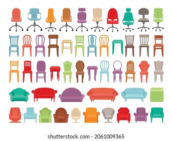 Collection of colorful chairs, armchairs and sofas. Vector objects for interior creation.