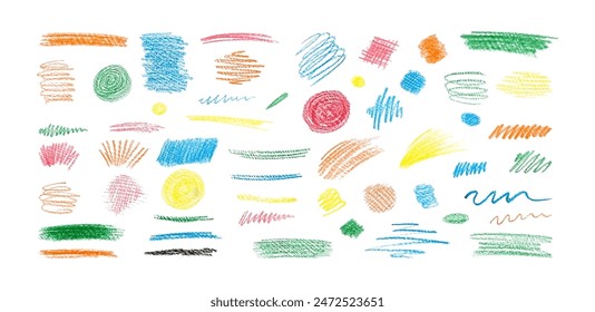 Collection Colorful Charcoal brush strokes, squiggles, wavy lines shapes. Hand drawn vector abstract shapes  lines drawn with Pencil bright colored Charcoal for Kids. Circles, scribbles and strokes.