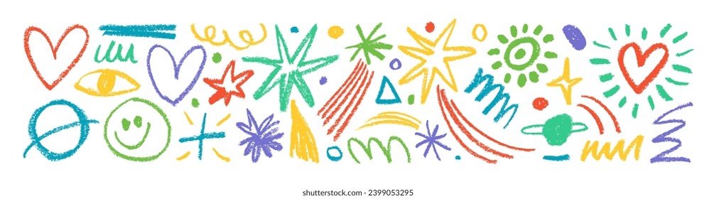 Collection colorful charcoal doodle elements like stars, planets, hearts, crescent moon and smile. Hand drawn pencil squiggles and speckles, creative abstract doodle style elements isolated on white.