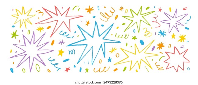 Collection colorful charcoal doodle stars, sparkles and squiggles. Hand drawn crayon doodles, squiggles and scribbles. Childish freehand drawing. Creative various sketchy stars and confetti.