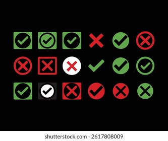 Collection of Colorful Check Marks and Cross Mark Icons, Vector Fully Editable illustrator EPS File.