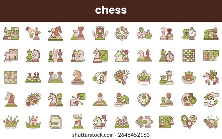 A collection of colorful chess icons, showcasing various pieces, moves, and strategies, ideal for chess enthusiasts and educational materials.