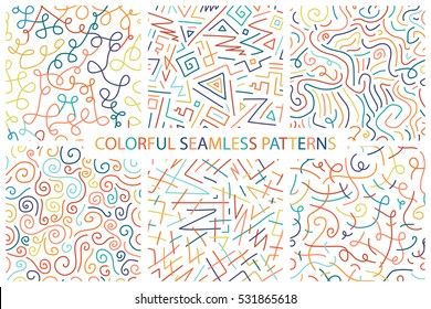 Collection of colorful children hand drawn seamless patterns.