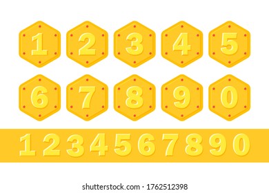 Collection colorful children numbers. Vector flat illustrations. Children's alphabetical numbers from one to zero in yellow colorful isolated on white backdrop.