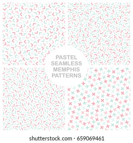 Collection of colorful children seamless patterns. Mosaic geometric delicate design. Memphis style - fashion 80-90s.