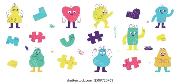 Uma coleção de personagens infantis coloridos, várias figuras e rabiscos. Elementos de design ingênuo.