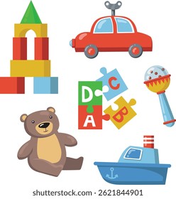 Collection of colorful children's toys on white background