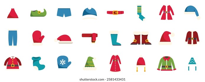 Collection of colorful christmas costumes and accessories creating a joyful holiday atmosphere