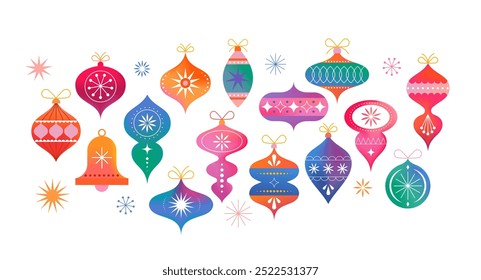 Collection of colorful Christmas decorations, balls, stars, ornaments. Symbols, elements isolated on white background. Vector illustration