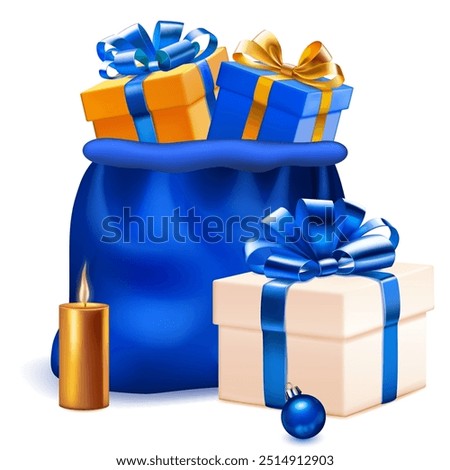 Collection of colorful Christmas gift boxes in a bag, and a candle, all set against a white background.