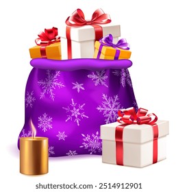 Collection of colorful Christmas gifts in a large gift bag with snowflake patterns. A lit candle is also present in the scene.