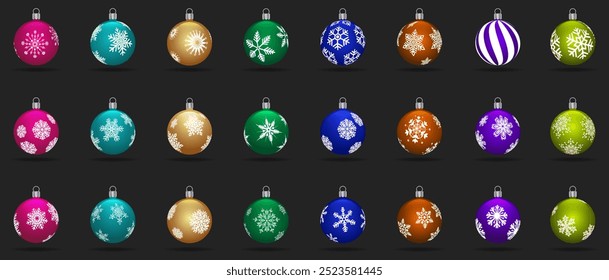 Collection of colorful Christmas ornaments ball with snowflake patterns and striped designs on dark background