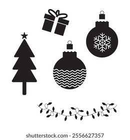 A collection of colorful Christmas ornaments and wrapped gifts arranged on a clean white background.