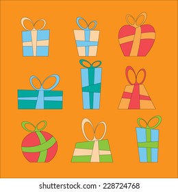 Collection of colorful Christmas present boxes. Vector illustration.