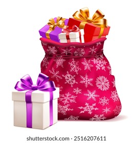 Collection of colorful Christmas presents in a large red bag near a smaller white gift box tied with a purple ribbon.