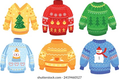 Collection of colorful Christmas sweaters with holiday designs, perfect for festive season. Ugly sweater party ready, featuring patterns, trees, snowmen, and reindeer.