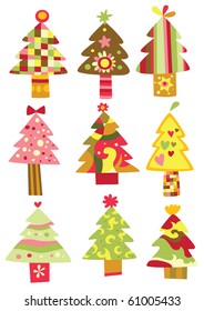 Collection of colorful Christmas trees with geometrical shapes.