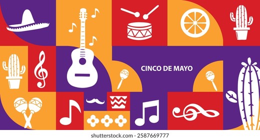 collection of colorful Cinco de Mayo banner template background for mexico independence celebration with music and giutar, flowers, decorations and copy space for text.