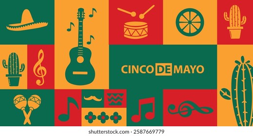 collection of colorful Cinco de Mayo banner template background for mexico independence celebration with music and giutar, flowers, decorations and copy space for text.