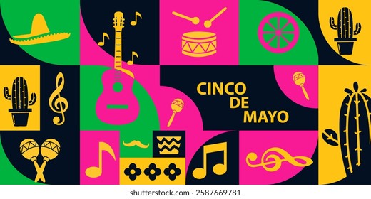 collection of colorful Cinco de Mayo banner template background for mexico independence celebration with music and giutar, flowers, decorations and copy space for text.