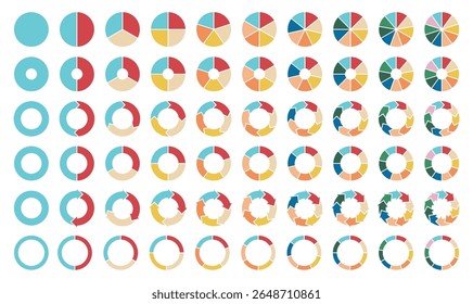 Collection of colorful circular chart icons including pie charts, donut charts, and cycle diagrams. Ideal for infographics, data visualization, presentations, and analytics UI designs.