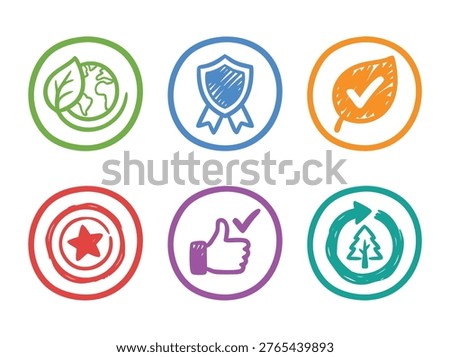 A collection of colorful circular icons featuring doodle style illustrations of ecology, protection, approval, star rating, thumbs up, and recycling.