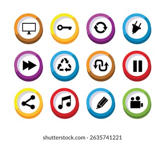Collection of colorful circular icons representing technology multimedia and essential functions