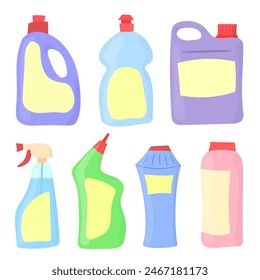 Una colección de coloridas botellas de productos de limpieza en varias Formas y tamaños, ideal para diseños domésticos y relacionados con el saneamiento.