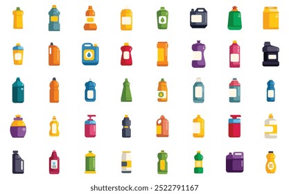 Collection of colorful cleaning product bottles, showcasing various shapes and sizes, typically found in homes for maintaining cleanliness