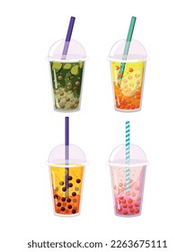 Collection of colorful cocktails with tapioca and berries. Detailed illustration of sweet drinks.