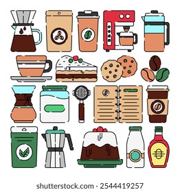 A collection of colorful coffee shop elements, including coffee makers, cups, beans, cakes, cookies, syrup, and a menu. Ideal for café branding, menus, and coffee-themed designs.