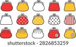A collection of colorful coin purses featuring various patterns, solid colors, and vintage-style metal clasps, arranged in a neat grid on a white background.