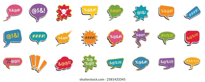 Collection of colorful comic book style speech bubbles with symbols and exclamations, conveying diverse emotions and reactions