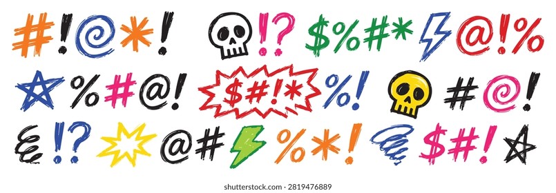 Collection of colorful comic book style swear words, curse symbols, and cartoon expletives. Hand-drawn vector illustrations of angry expressions, skulls, and abstract shapes used to represent profanit