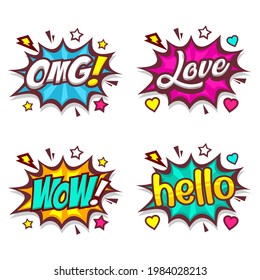 Collection of colorful comic sound effects in pop art vector style. Speech bubble with word and halftone cartoon expression illustration.
