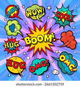 Collection of colorful comic speech bubbles expressing different emotions