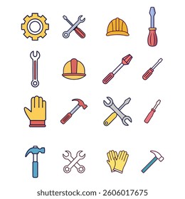 Collection of Colorful Construction and Repair Tools Icons