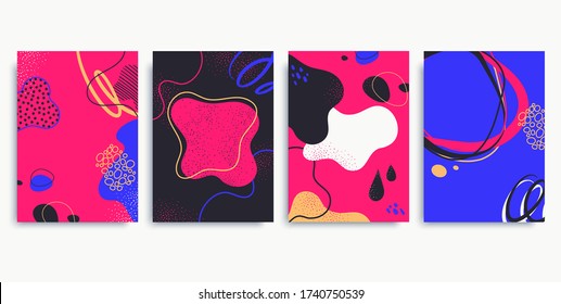 Collection of colorful contemporary backgrounds in neon colors. Abstract posters with doodle elements, liquid shapes, lines. Trendy hand drawn style. Applicable for social media post, blog, banner.
