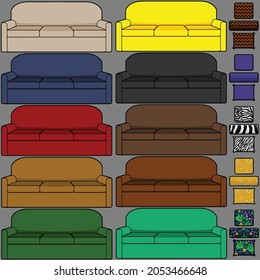 A collection of colorful couches and throw pillows.