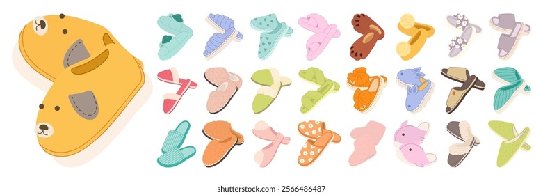 A collection of colorful and cozy slippers in various styles. Flat Vector Illustration Set