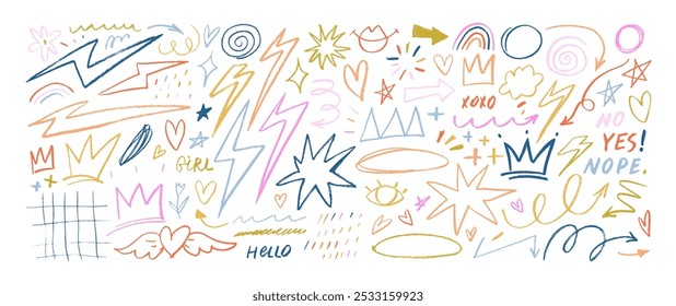 Collection colorful crayon drawn doodle elements like lightning, crowns, star and squiggles. Hand drawn pencil squiggles and speckles, creative abstract doodle style elements for notes and journal.