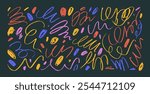 Collection of colorful crayon drawn squiggles, curly lines and dots. Hand drawn curly strokes for notes, childish style design. Simple scribbles, doodle rough lines, dots and squiggles. Vector element