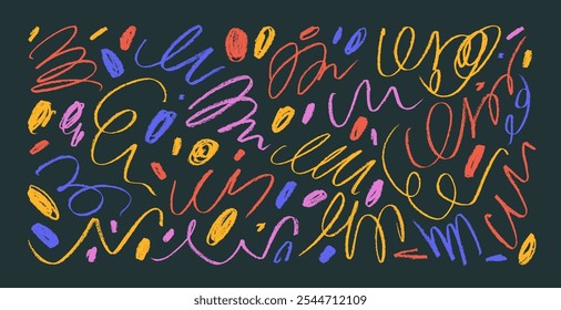 Collection of colorful crayon drawn squiggles, curly lines and dots. Hand drawn curly strokes for notes, childish style design. Simple scribbles, doodle rough lines, dots and squiggles. Vector element