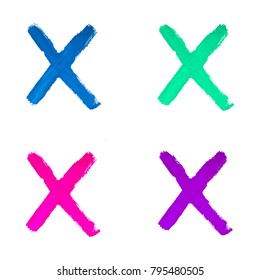 Collection colorful cross sign. Blue, green, pink, purple watercolor check mark on white background. Brush strokes hand drawn. Abstract textured in handmade technique. Vector illustration.
