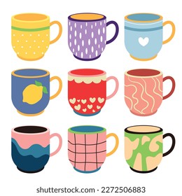 Collection of colorful cups decorated with design elements vector flat illustration. Set of colored mugs filling drinks isolated. Cute fashion drinkware with handle