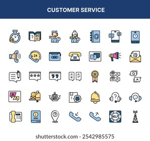 Collection of colorful customer service icons depicting various communication and support tools.