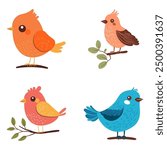 Collection of Colorful Cute Bird Animal Cartoon Perched on a Tree Branch