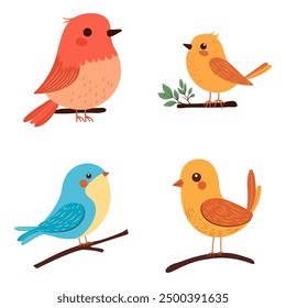 Collection of Colorful Cute Bird Animal Cartoon Perched on a Tree Branch