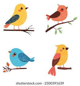 Collection of Colorful Cute Bird Animal Cartoon Perched on a Tree Branch